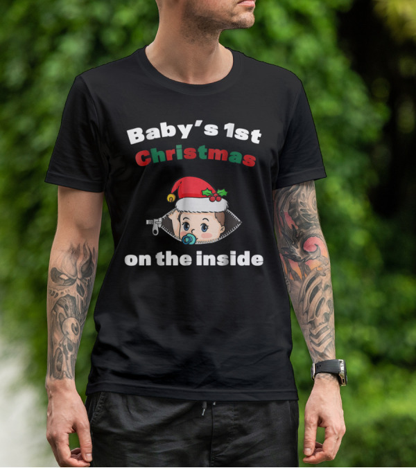 Baby's 1st Christmas On The Inside Mom To Be Santa Hat Zipper T-Shirt