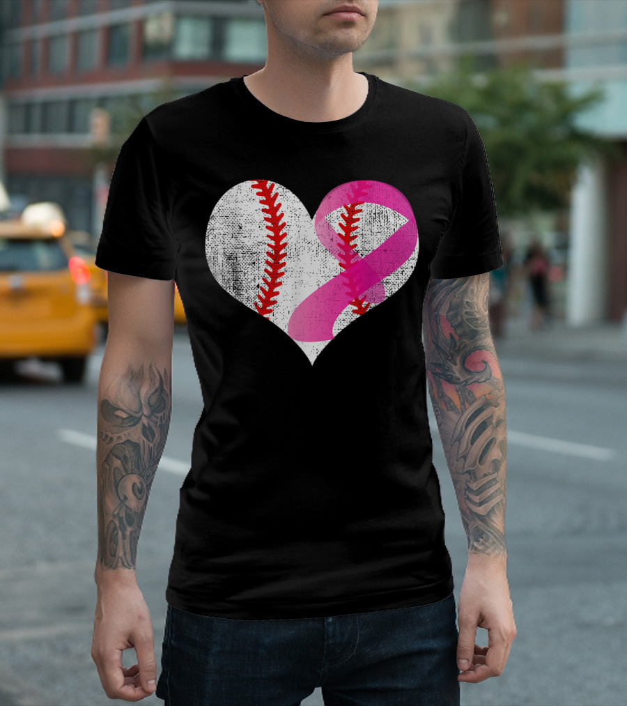 Baseball Heart Pink Ribbon Breast Cancer Awareness Mom81 T-Shirt