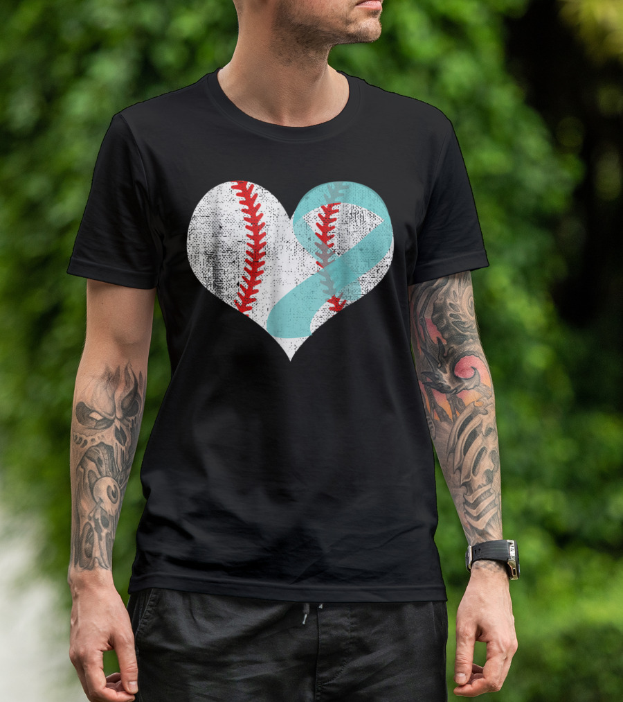 Baseball Heart Teal Ribbon Ovarian Cancer Awareness Mom83 T-Shirt