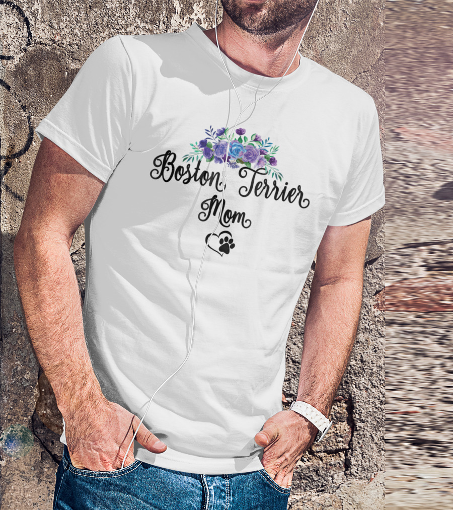 Boston Terrier Mom Floral Pawprint Heart T-Shirt