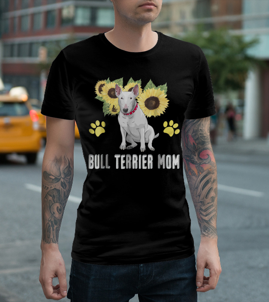 Bull Terrier Mom with Sunflowers and Paw Prints T-Shirt