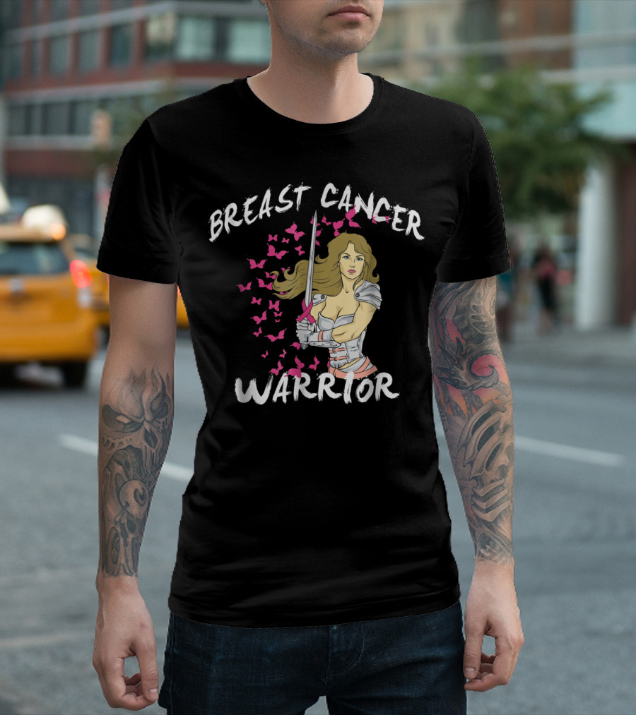Breast Cancer Warrior Mom Knight with Ribbon Sword and Butterflies T-Shirt