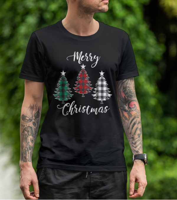 Merry Christmas Buffalo Plaid Trees Dad And Kids T-Shirt