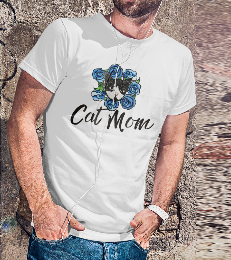 Cat Mom Floral Tuxedo Cat Blue Roses T-Shirt