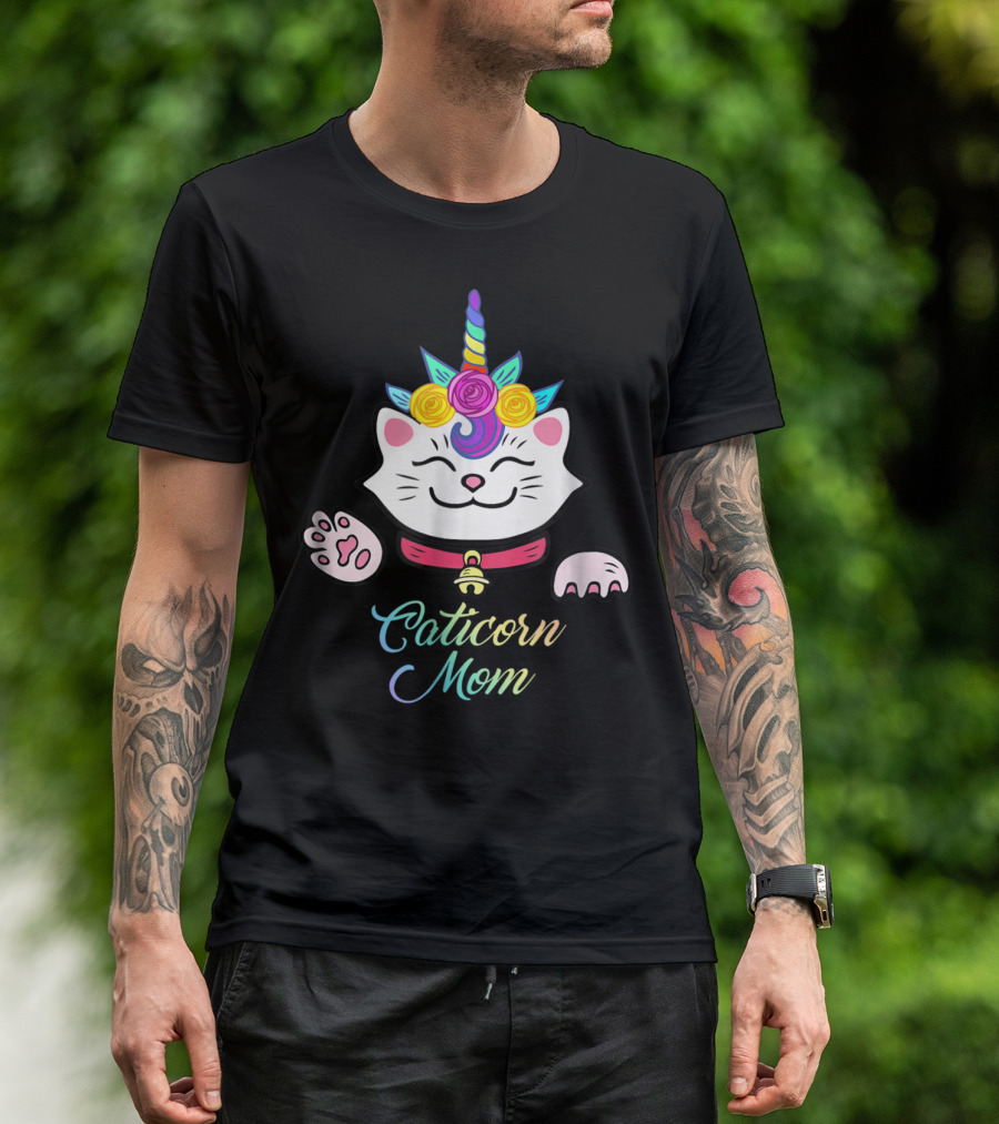Caticorn Mom Cute Kitten Rainbow Unicorn Cat With Flowers T-Shirt
