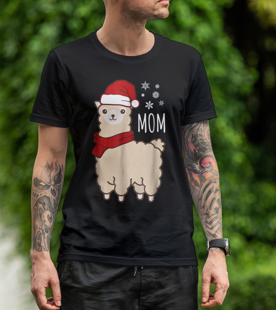 Christmas Mom Llama Cria Herd Xmas Mother Santa Hat Snowflakes T-Shirt