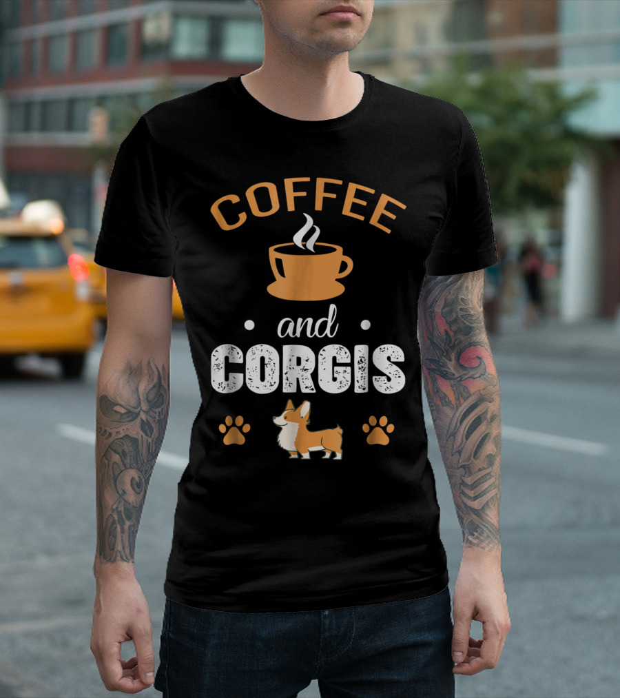 Coffee and Corgis Cute Welsh Corgi with Paw Prints and Coffee Cup T-Shirt