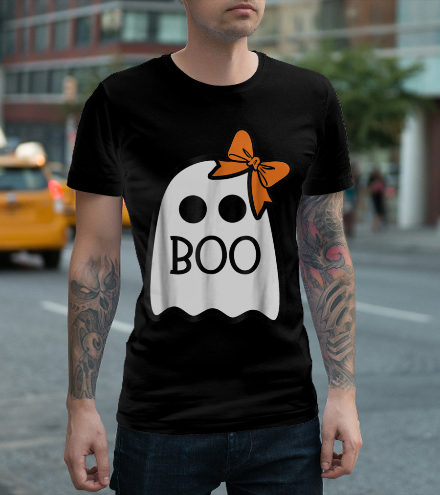 Cute Ghost Boo With Orange Bow For Halloween T-Shirt