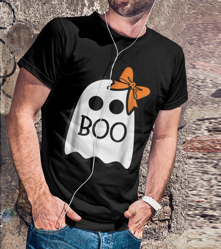 Cute Ghost Boo With Orange Bow For Halloween T-Shirt