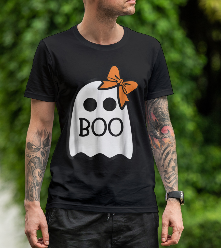 Cute Ghost Boo With Orange Bow For Halloween T-Shirt
