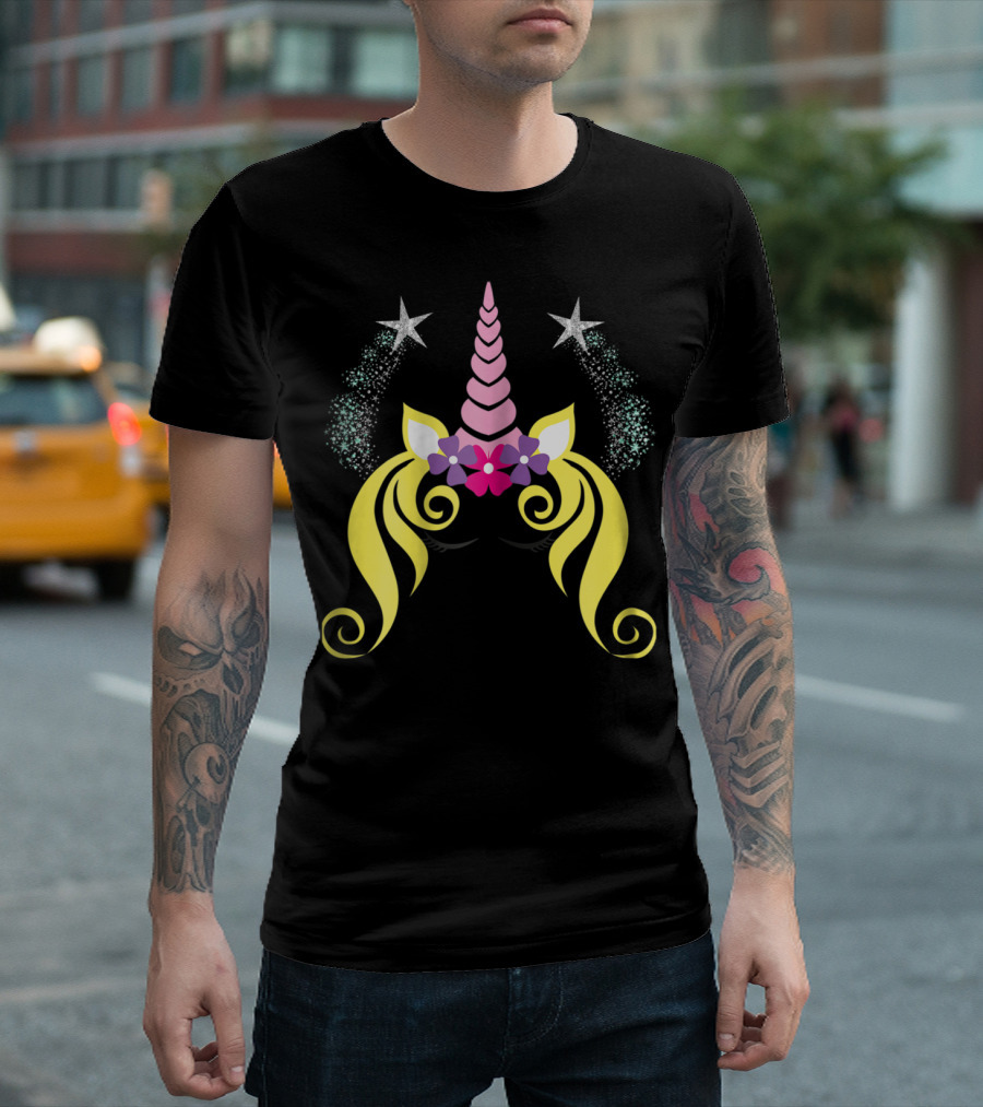 Floral Unicorn Face With Sparkling Stars Birthday T-Shirt