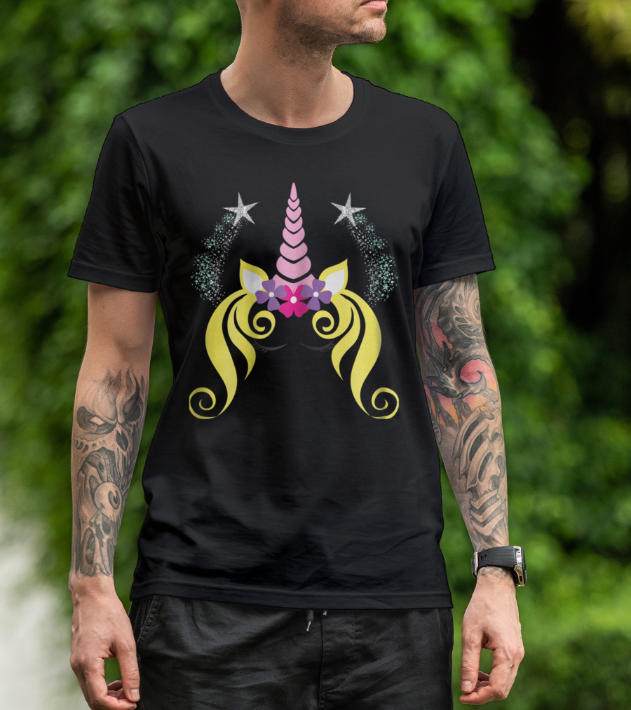 Floral Unicorn Face With Sparkling Stars Birthday T-Shirt