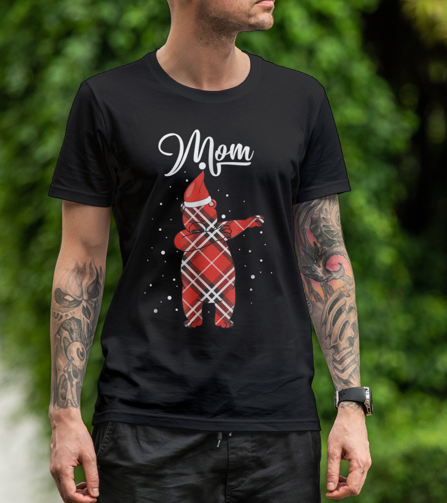 Mom Red Plaid Bear Dabbing Christmas T-Shirt
