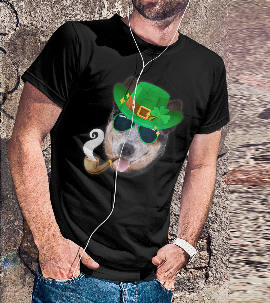 Australian Cattle Dog Leprechaun With Pipe And Shamrock Hat T-Shirt