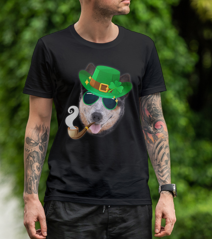 Australian Cattle Dog Leprechaun With Pipe And Shamrock Hat T-Shirt