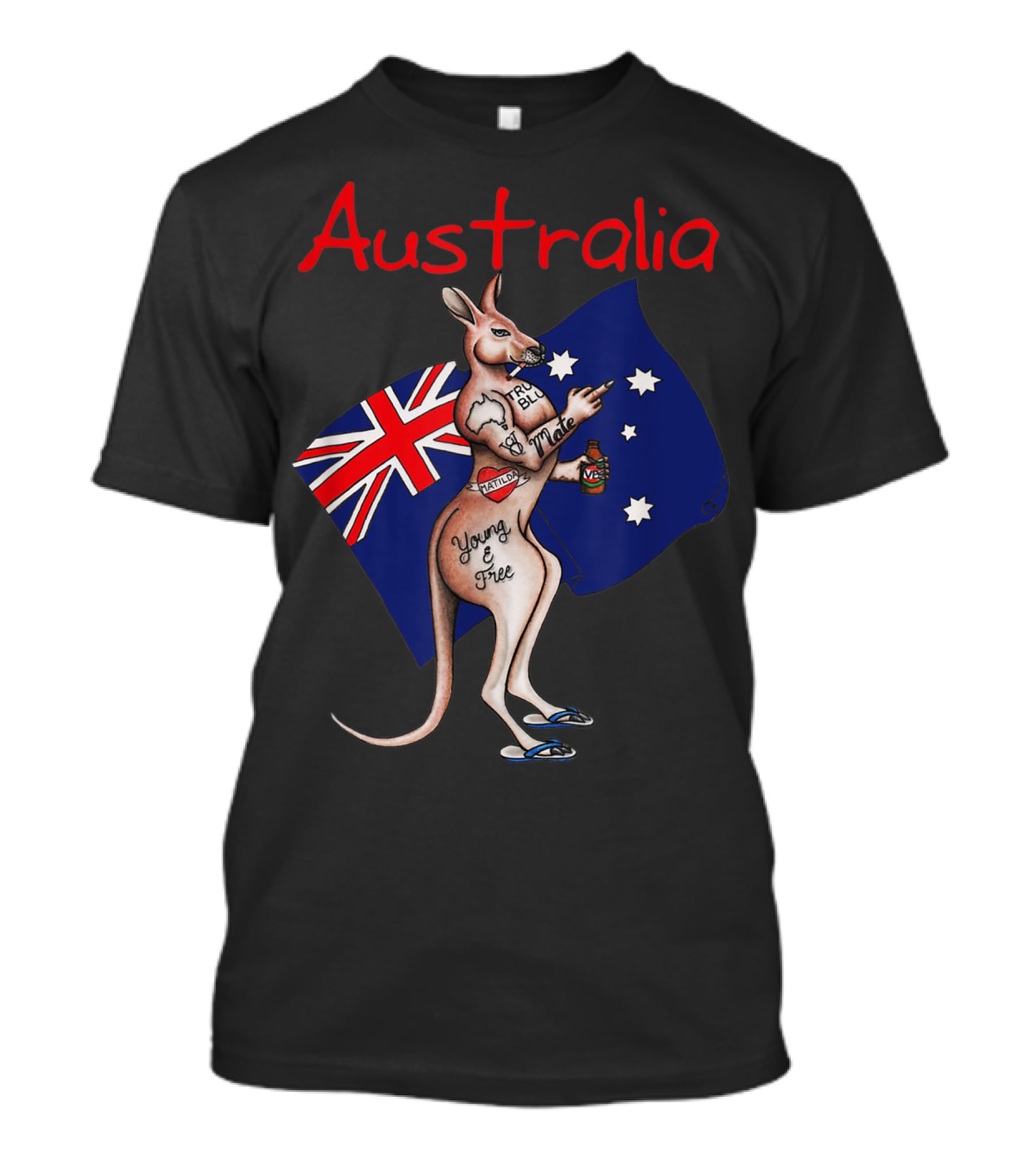 Australia Tattooed Kangaroo Young And Free Flag T-Shirt