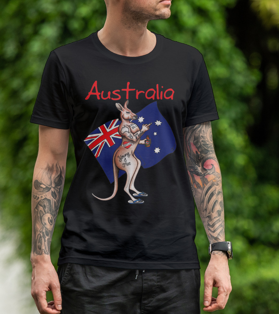 Australia Tattooed Kangaroo Young And Free Flag T-Shirt