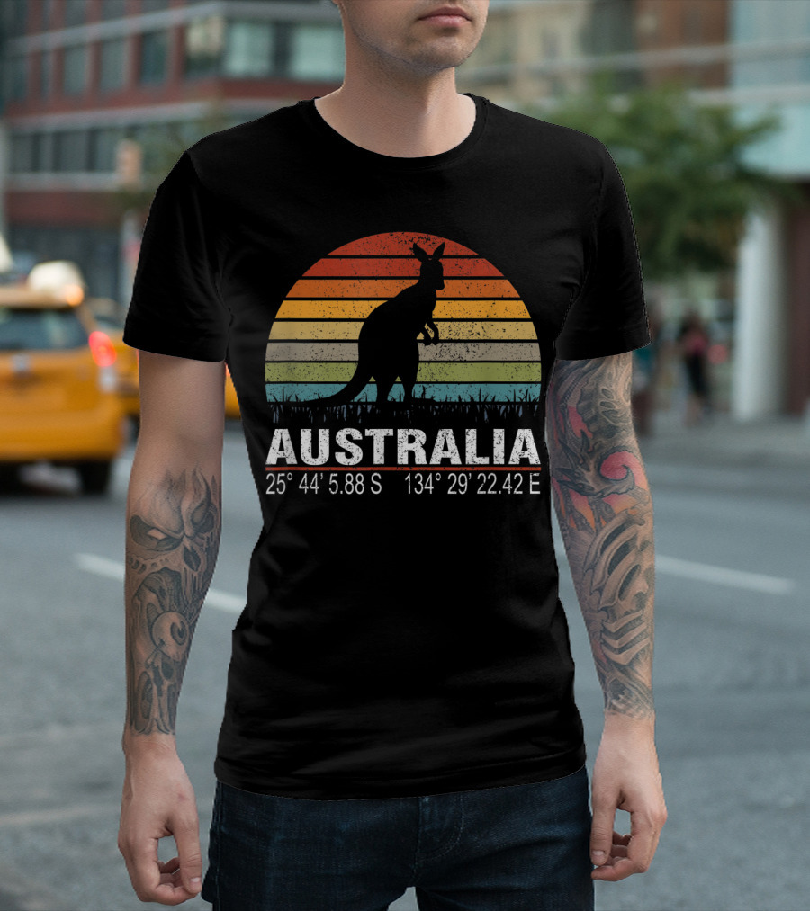Australia Retro Kangaroo Silhouette Sunset with GPS Coordinates T-Shirt