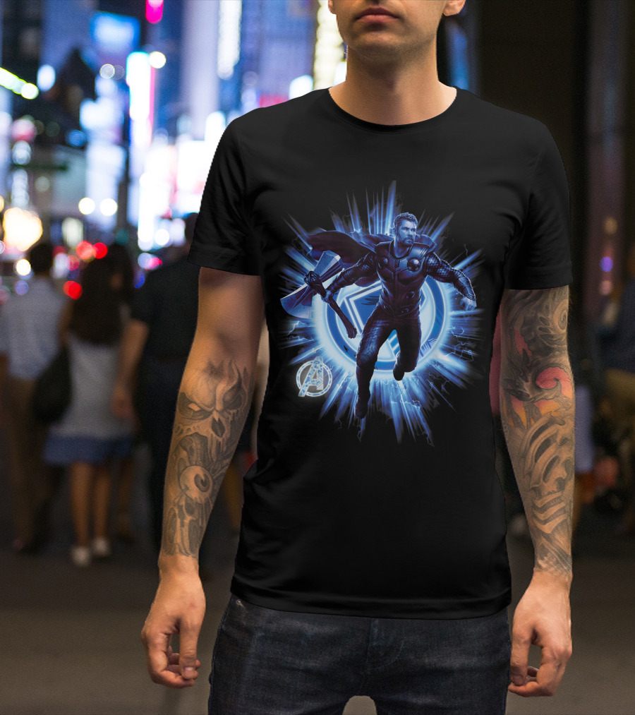 Thor Avengers Endgame Blast With Axe And Blue Lightning Background T-Shirt