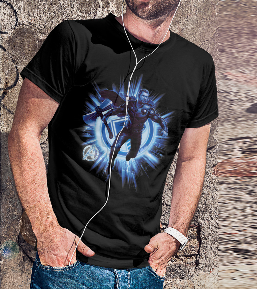 Thor Avengers Endgame Blast With Axe And Blue Lightning Background T-Shirt