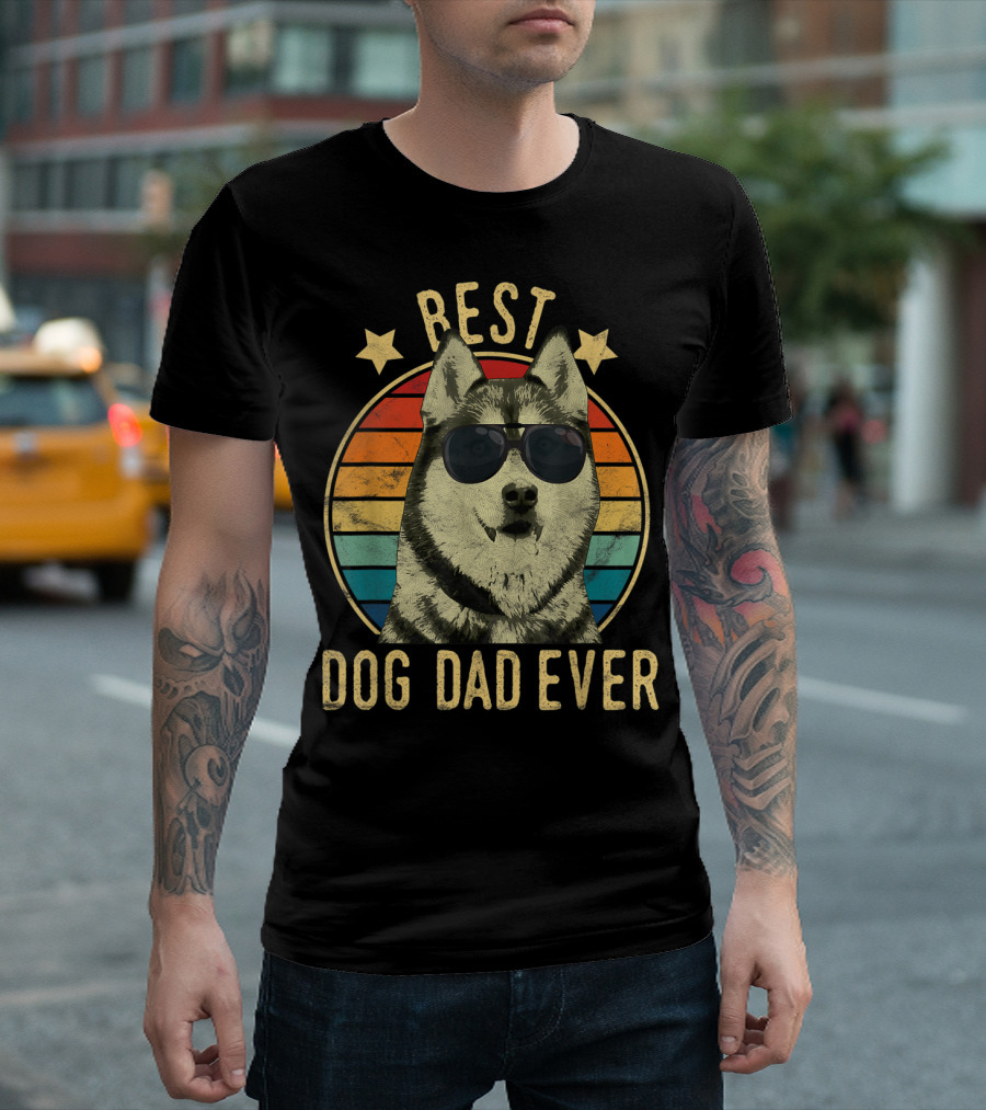 Mens Best Dog Dad Ever Siberian Husky Wearing Sunglasses T-Shirt