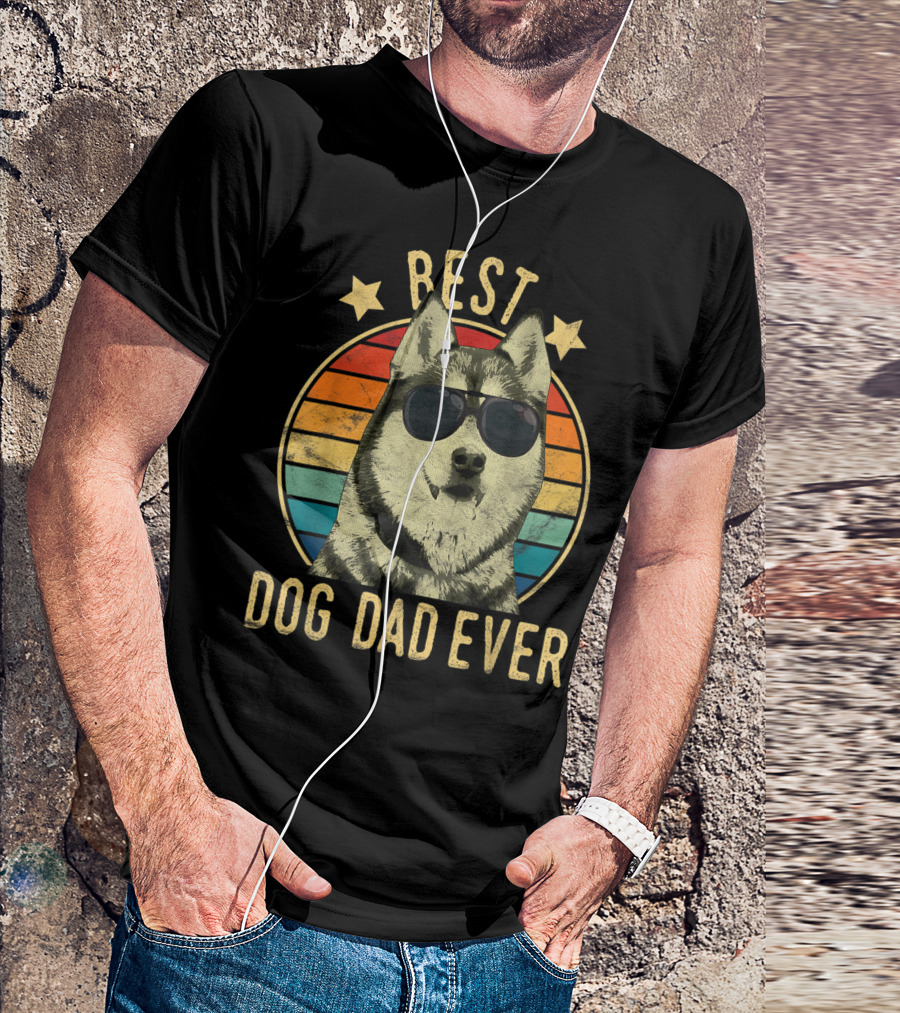 Mens Best Dog Dad Ever Siberian Husky Wearing Sunglasses T-Shirt