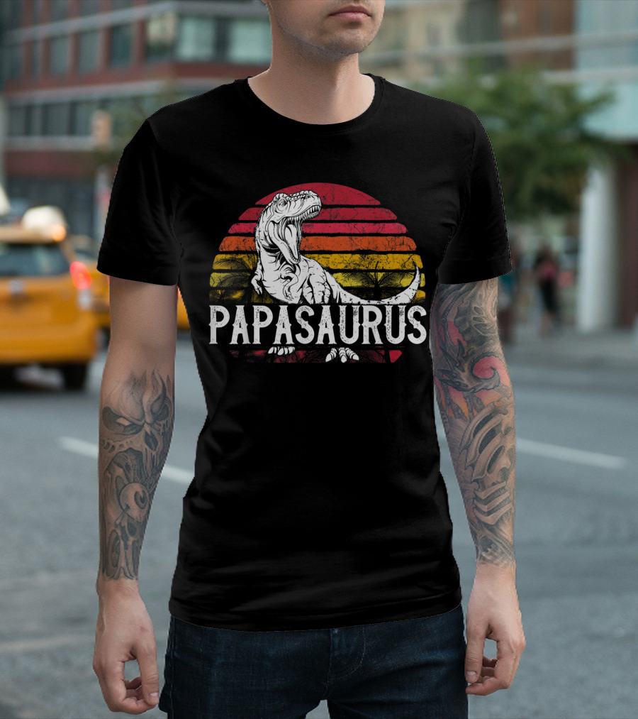 Mens Father's Day Papasaurus Dinosaur Retro Sunset T-Shirt