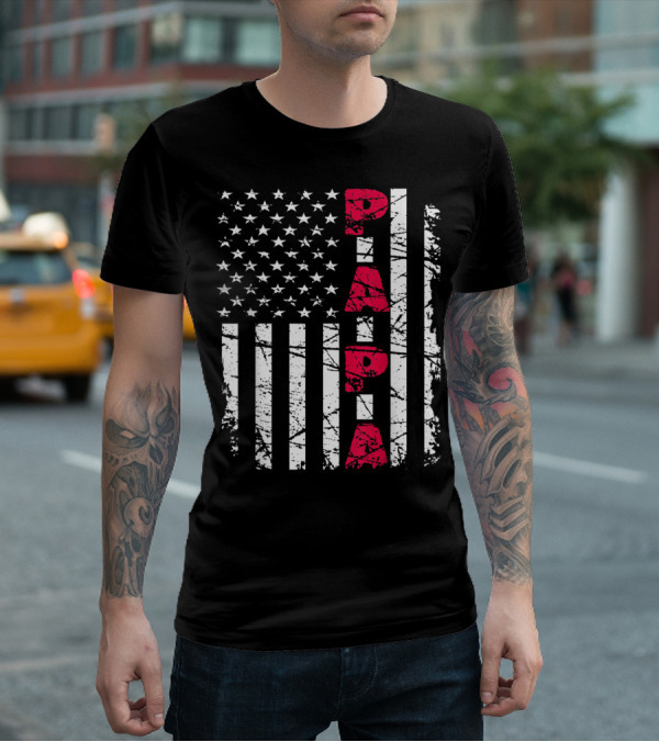 Mens Proud Papa American Flag Christmas Husban T-Shirt