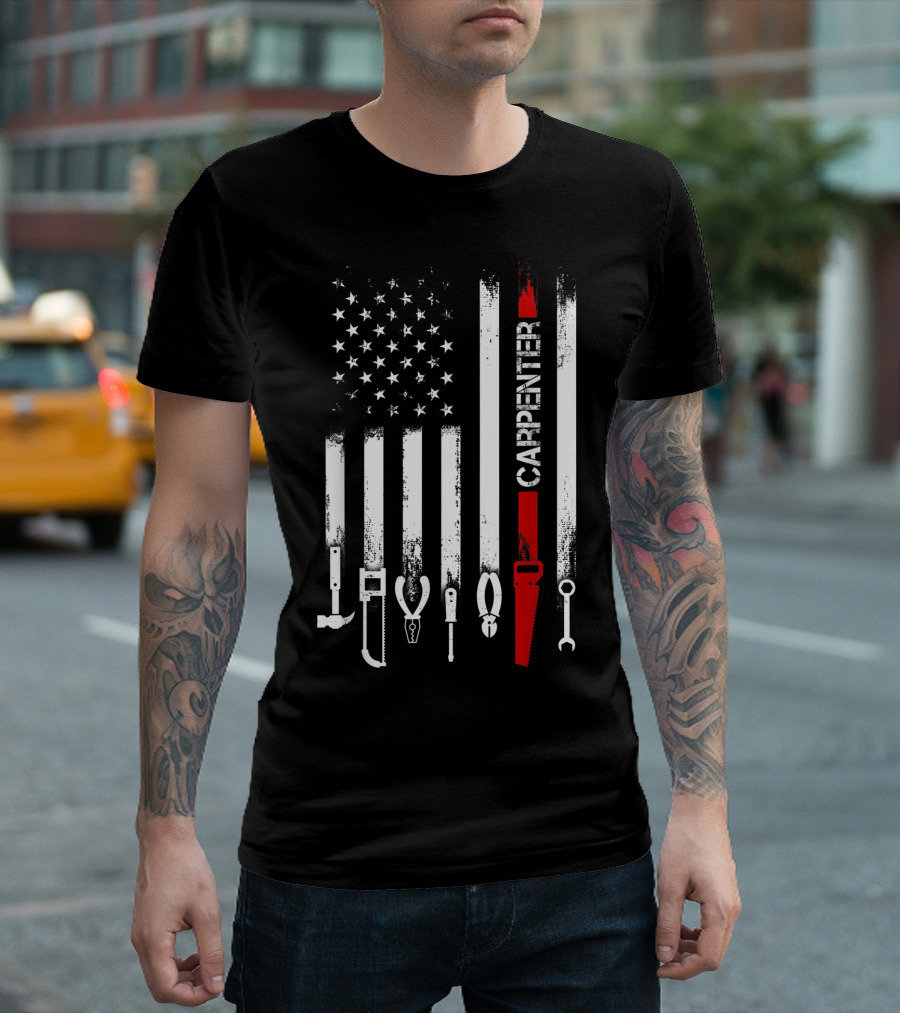 American Flag Carpenter Tools Vertical Stripes Saw Wrench Pliers Hammer T-Shirt