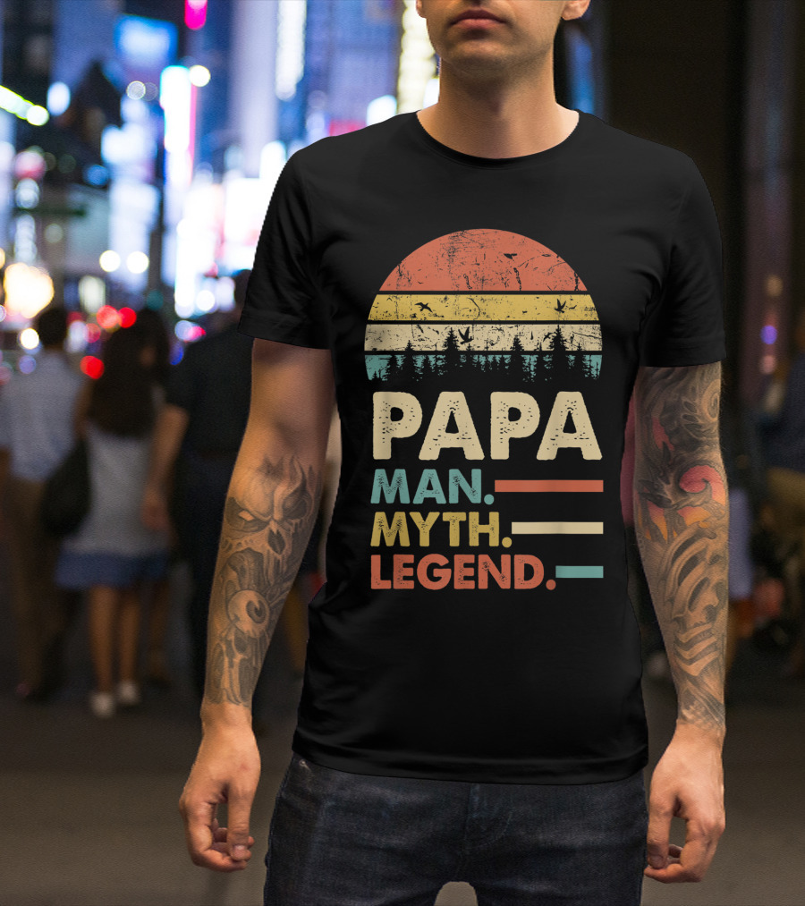 Papa Man Myth Legend Vintage Mens Dad Yx Retro Sunset Forest Birds T-Shirt