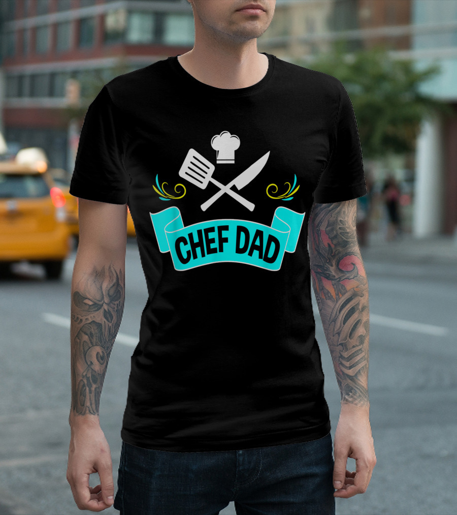 Chef Dad Cooking Daddy Banner with Chef Hat and Cooking Tools T-Shirt