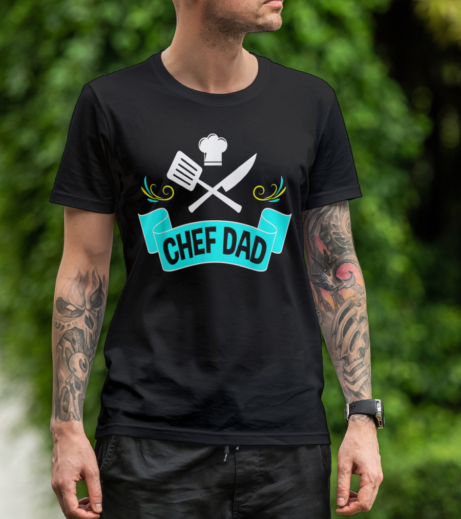 Chef Dad Cooking Daddy Banner With Chef Hat And Cooking Tools T-Shirt