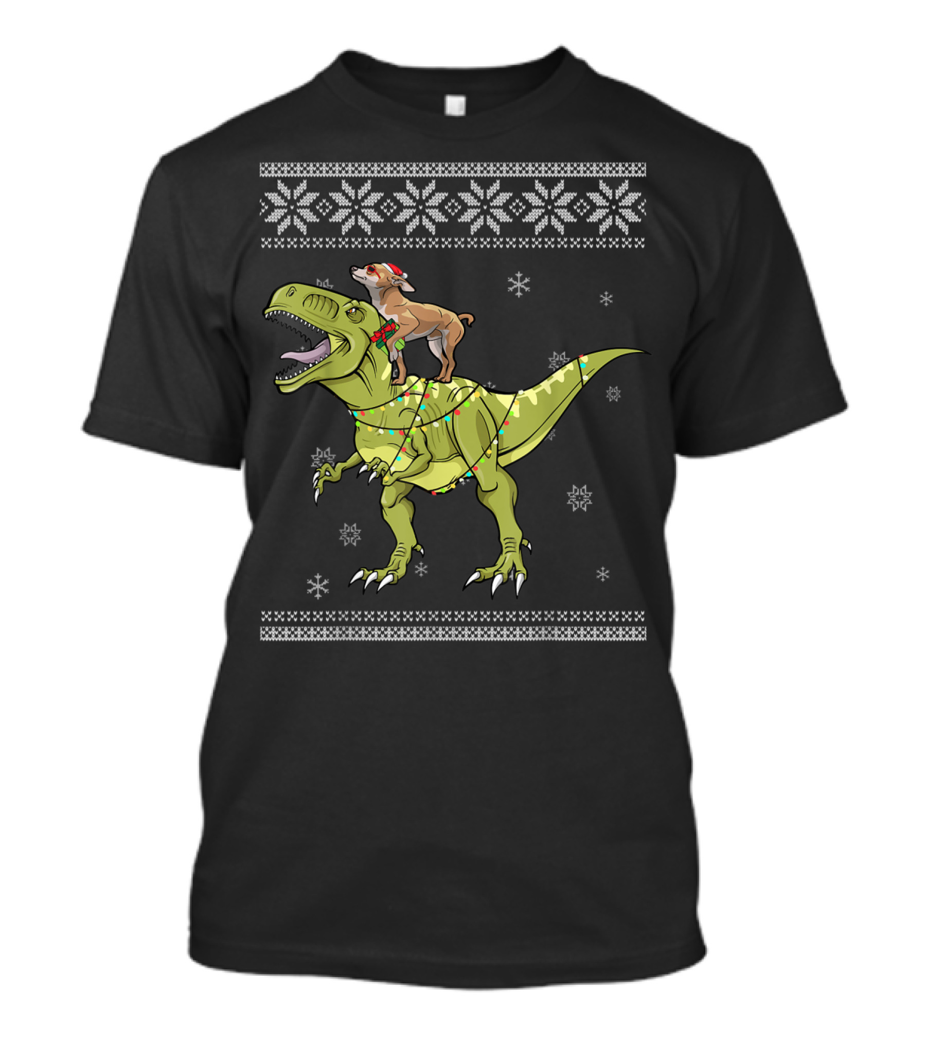 Chihuahua On T-Rex With Christmas Lights And Snowflake T-Shirt