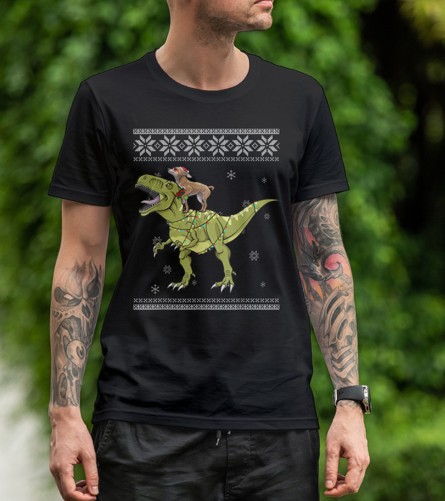 Chihuahua On T-Rex With Christmas Lights And Snowflake T-Shirt
