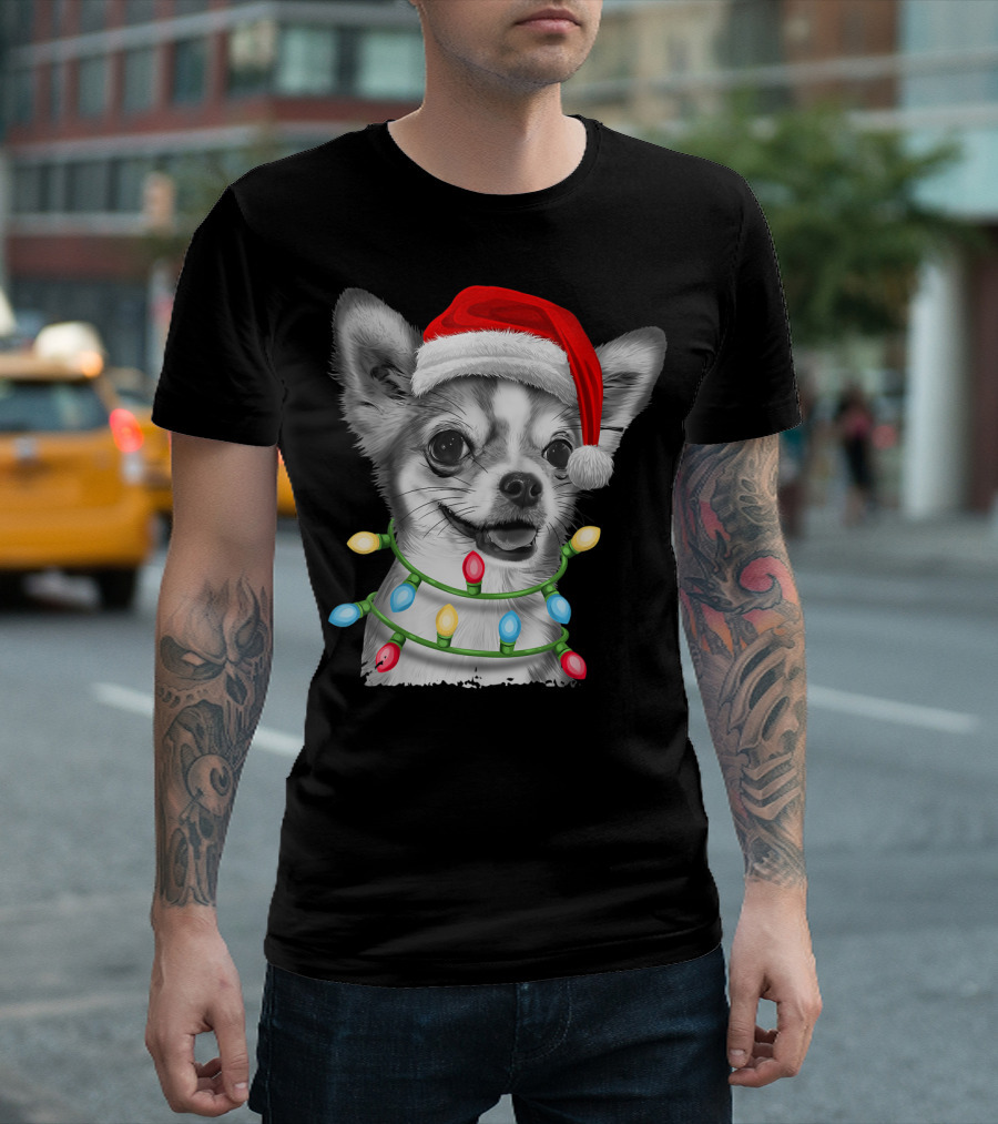 Chihuahua Santa Hat Christmas Lights T-Shirt