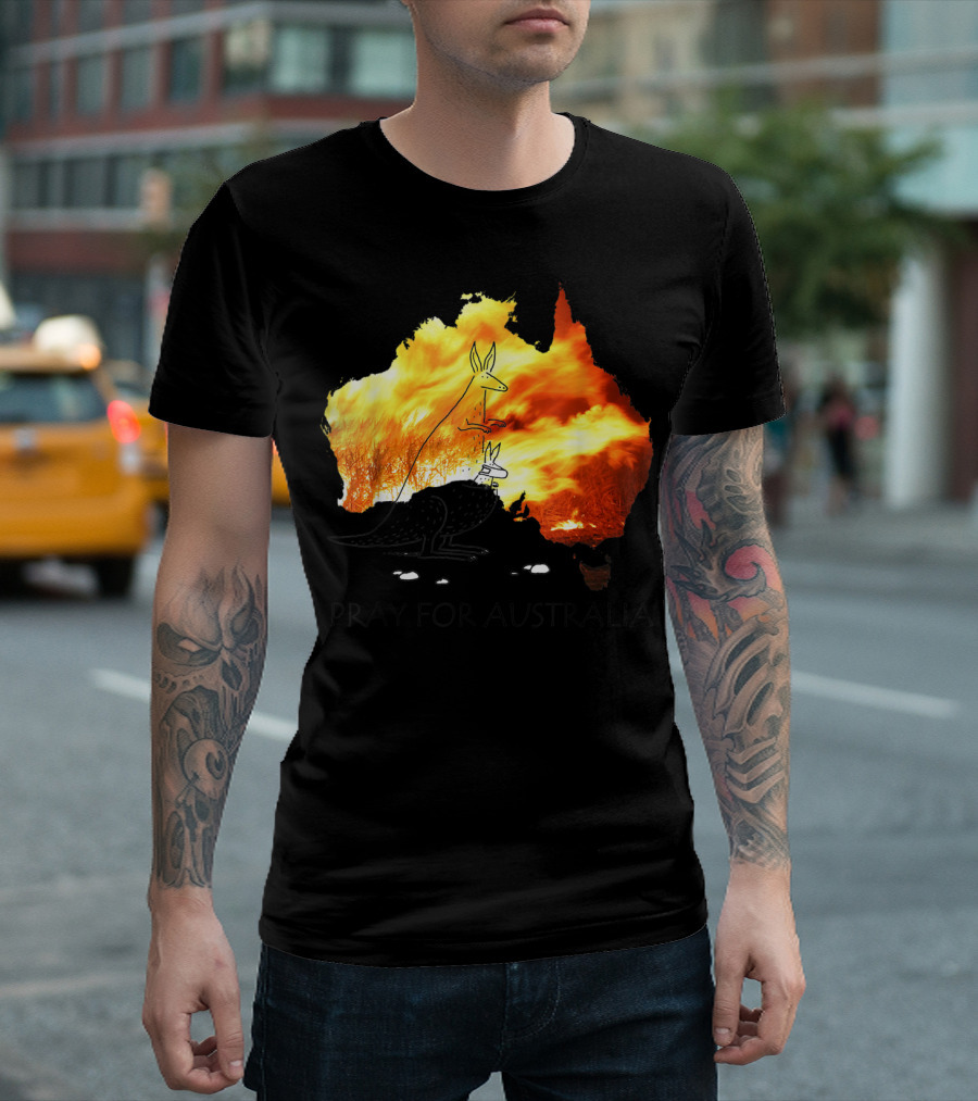 Pray For Australia Kangaroo Wildfire Silhouette Map T-Shirt