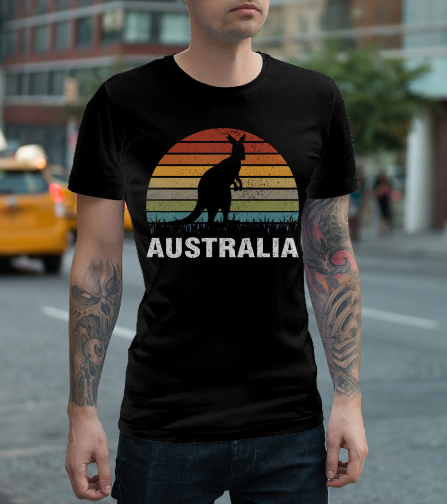 Vintage Kangaroo Silhouette With Retro Sunset Australia T-Shirt