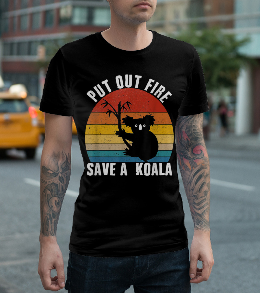 Put Out Fire Save A Koala Silhouette Retro Sunset Stripes T-Shirt