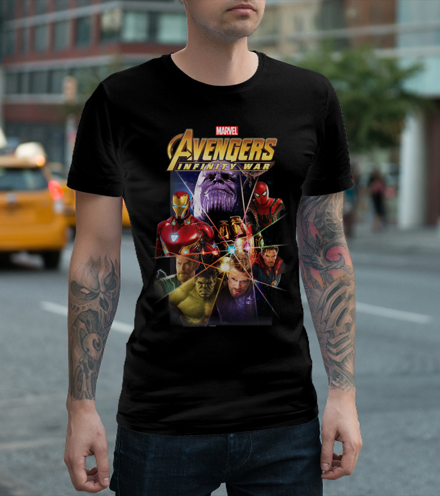 Marvel Avengers Infinity War Thanos Iron Man Spider-Man Captain America Doctor Strange Hulk Panel T-Shirt