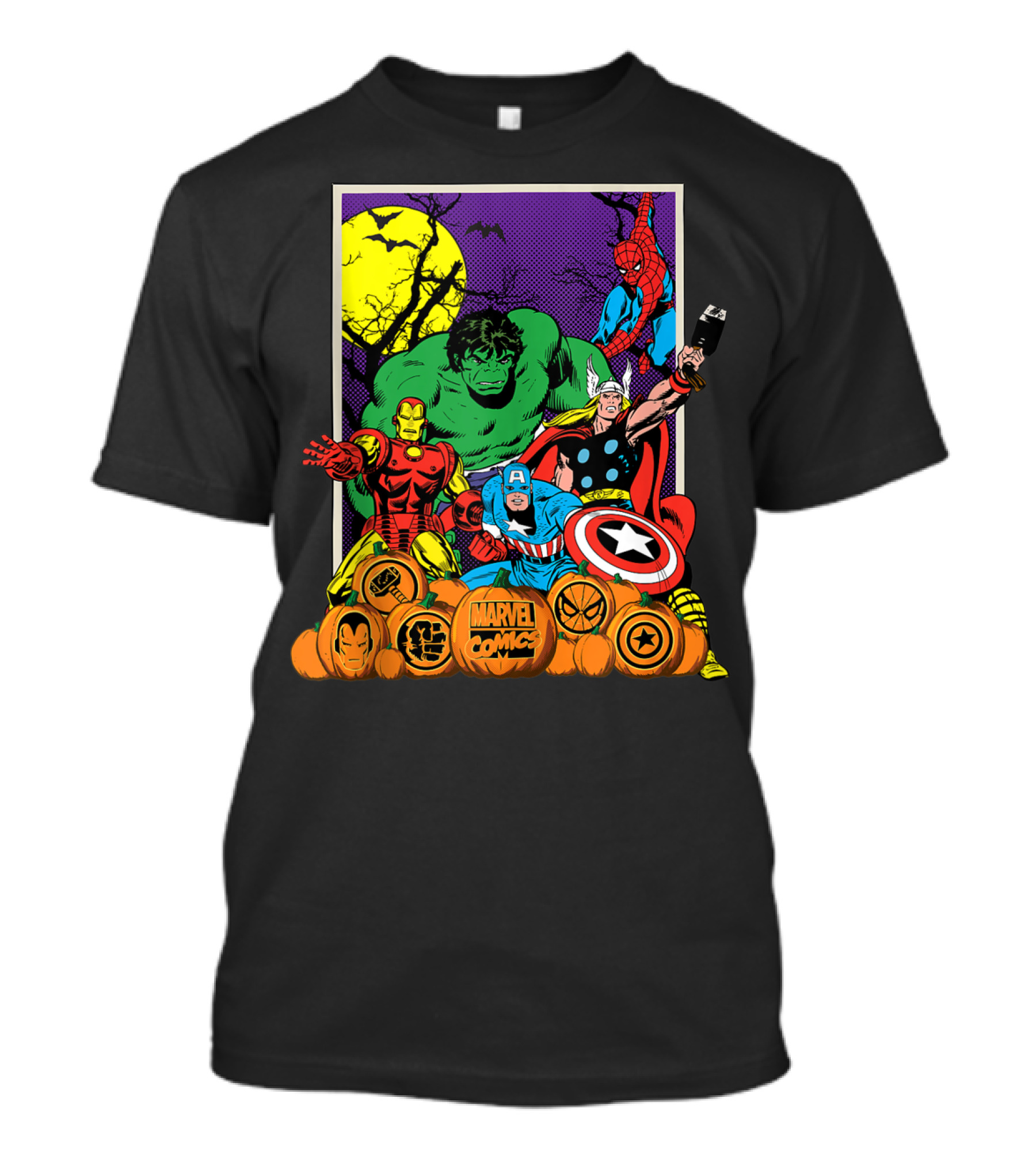 Marvel Comics Avengers Halloween Hulk Iron Man Captain America Thor Spider-Man Vintage Jack-O-Lantern T-Shirt