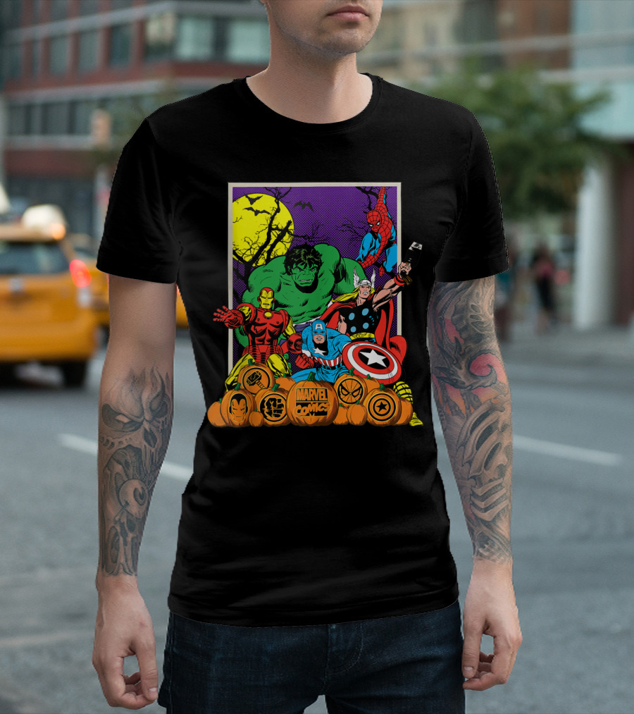Marvel Comics Avengers Halloween Hulk Iron Man Captain America Thor Spider-Man Vintage Jack-O-Lantern T-Shirt