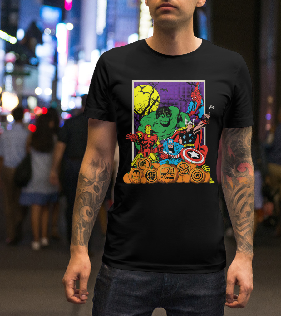 Marvel Comics Avengers Halloween Hulk Iron Man Captain America Thor Spider-Man Vintage Jack-O-Lantern T-Shirt