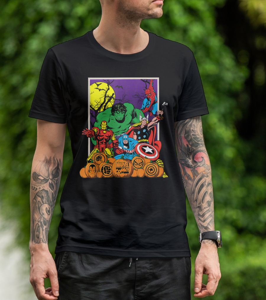 Marvel Comics Avengers Halloween Hulk Iron Man Captain America Thor Spider-Man Vintage Jack-O-Lantern T-Shirt