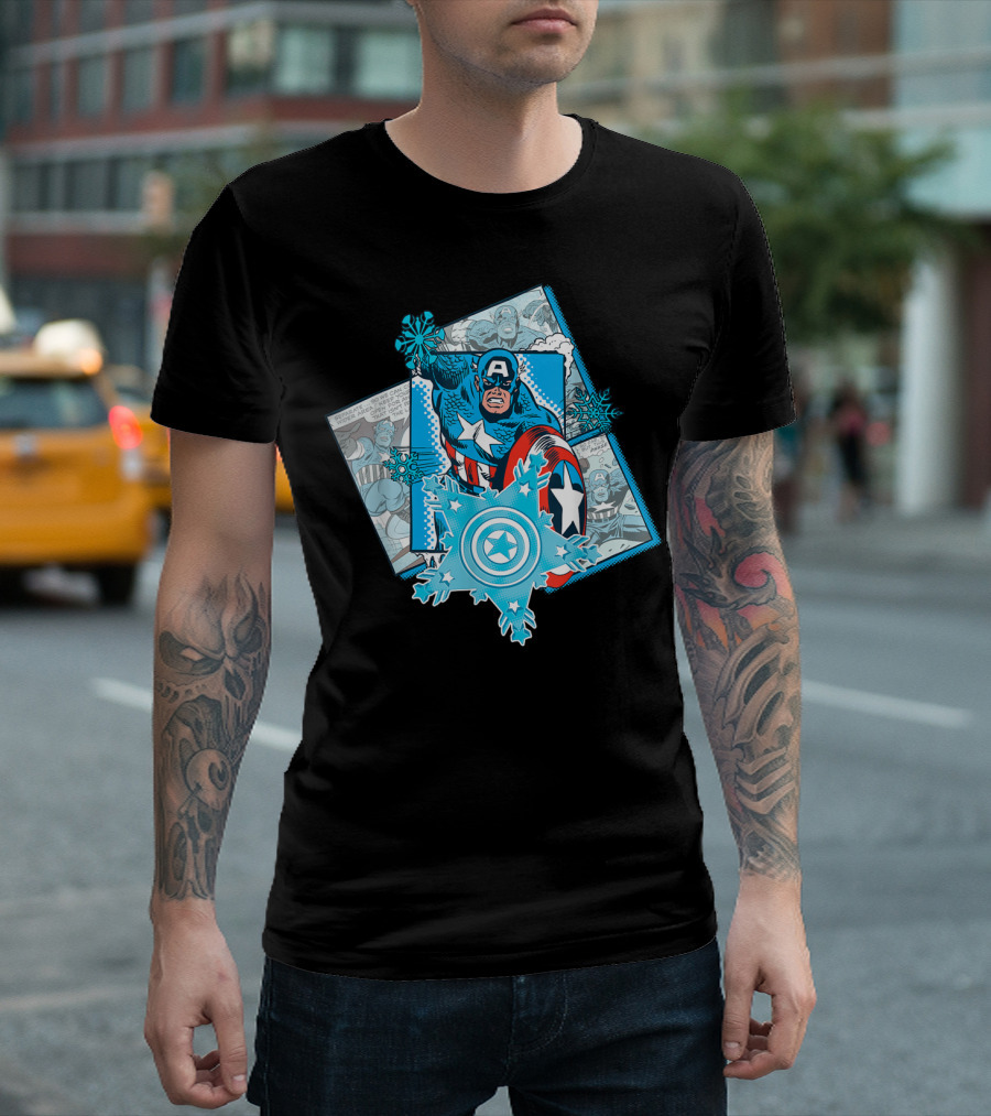 Marvel Captain America Snowflake Comic Holiday Scene T-Shirt