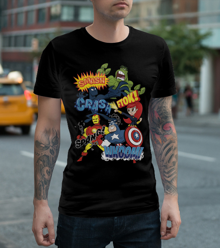 Marvel Avengers Cartoon Sound Effects Smash Crash Ftok Spang Wkoom T-Shirt
