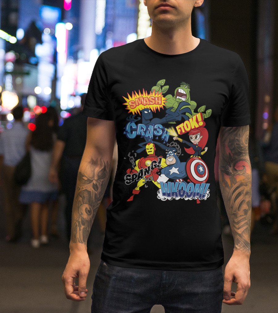 Marvel Avengers Cartoon Sound Effects Smash Crash Ftok Spang Wkoom T-Shirt