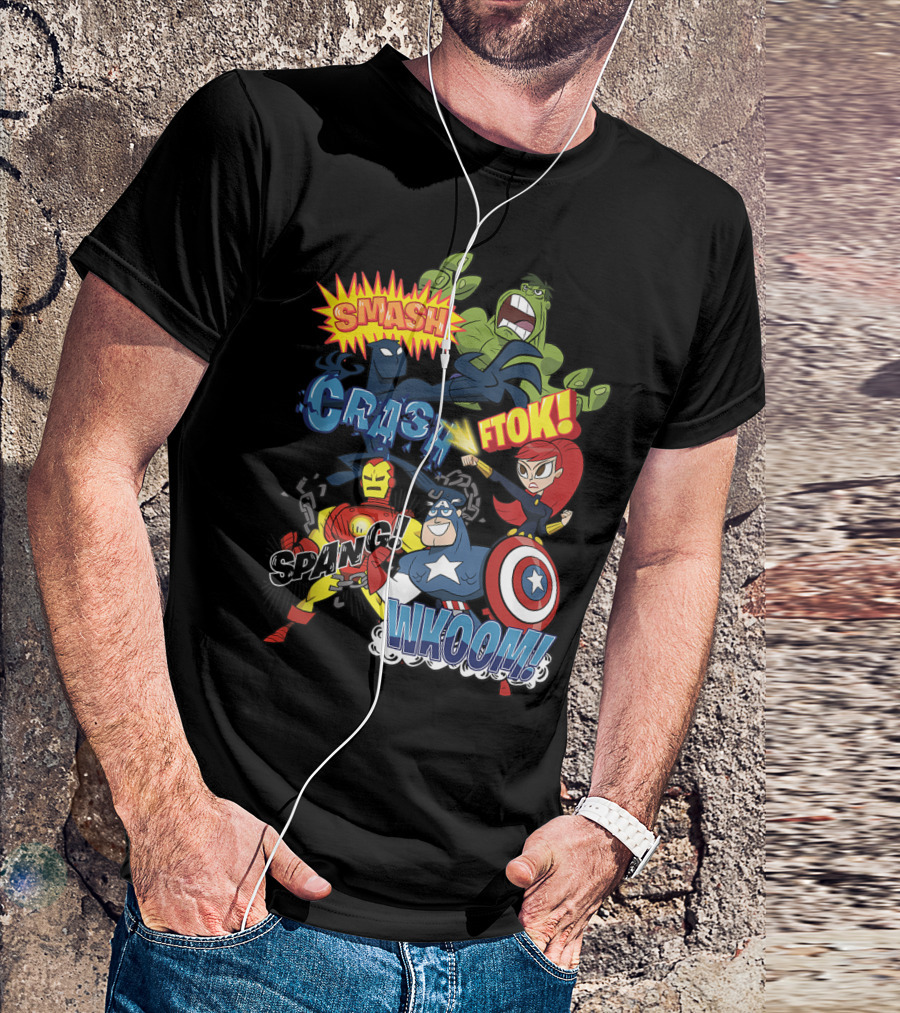 Marvel Avengers Cartoon Sound Effects Smash Crash Ftok Spang Wkoom T-Shirt
