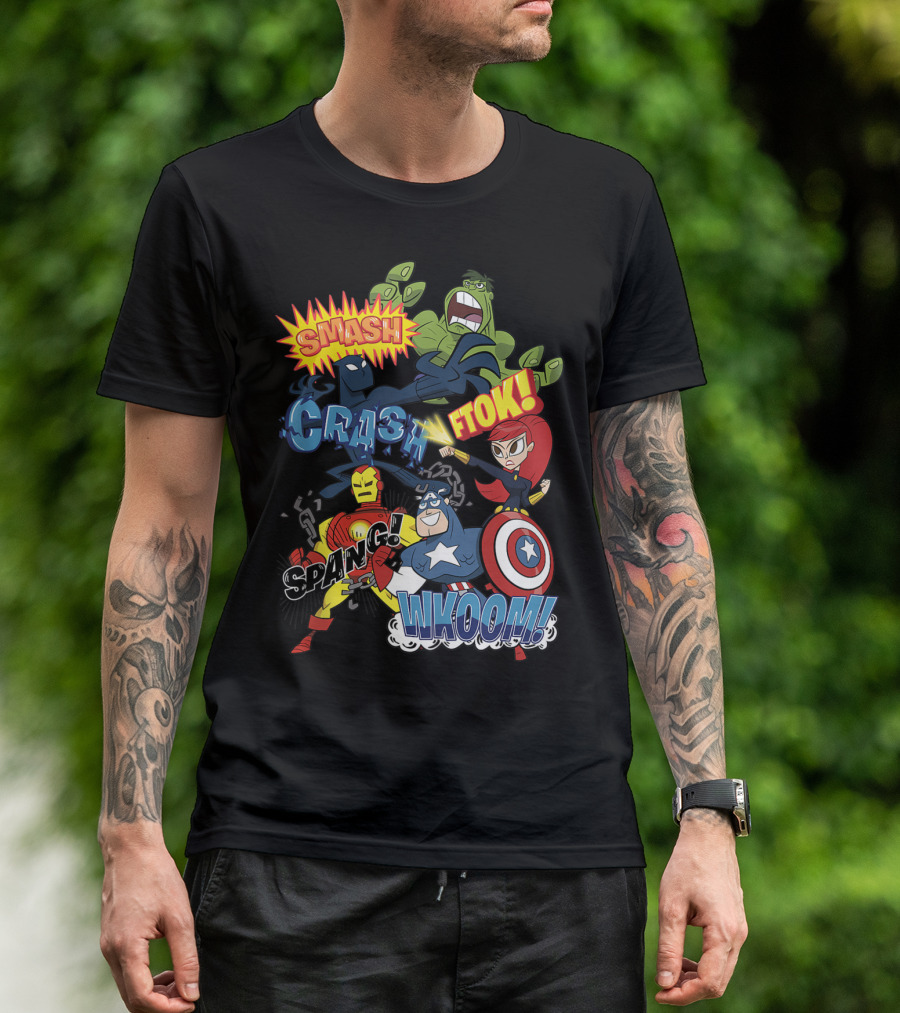 Marvel Avengers Cartoon Sound Effects Smash Crash Ftok Spang Wkoom T-Shirt