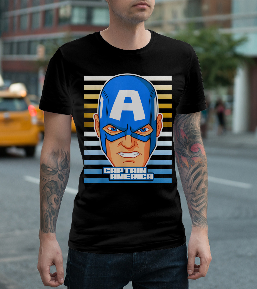 Captain America Avengers Face Striped Background Marvel T-Shirt