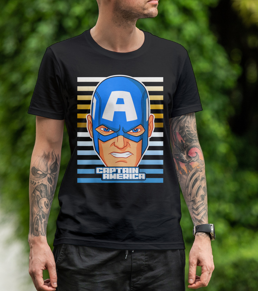 Captain America Avengers Face Striped Background Marvel T-Shirt